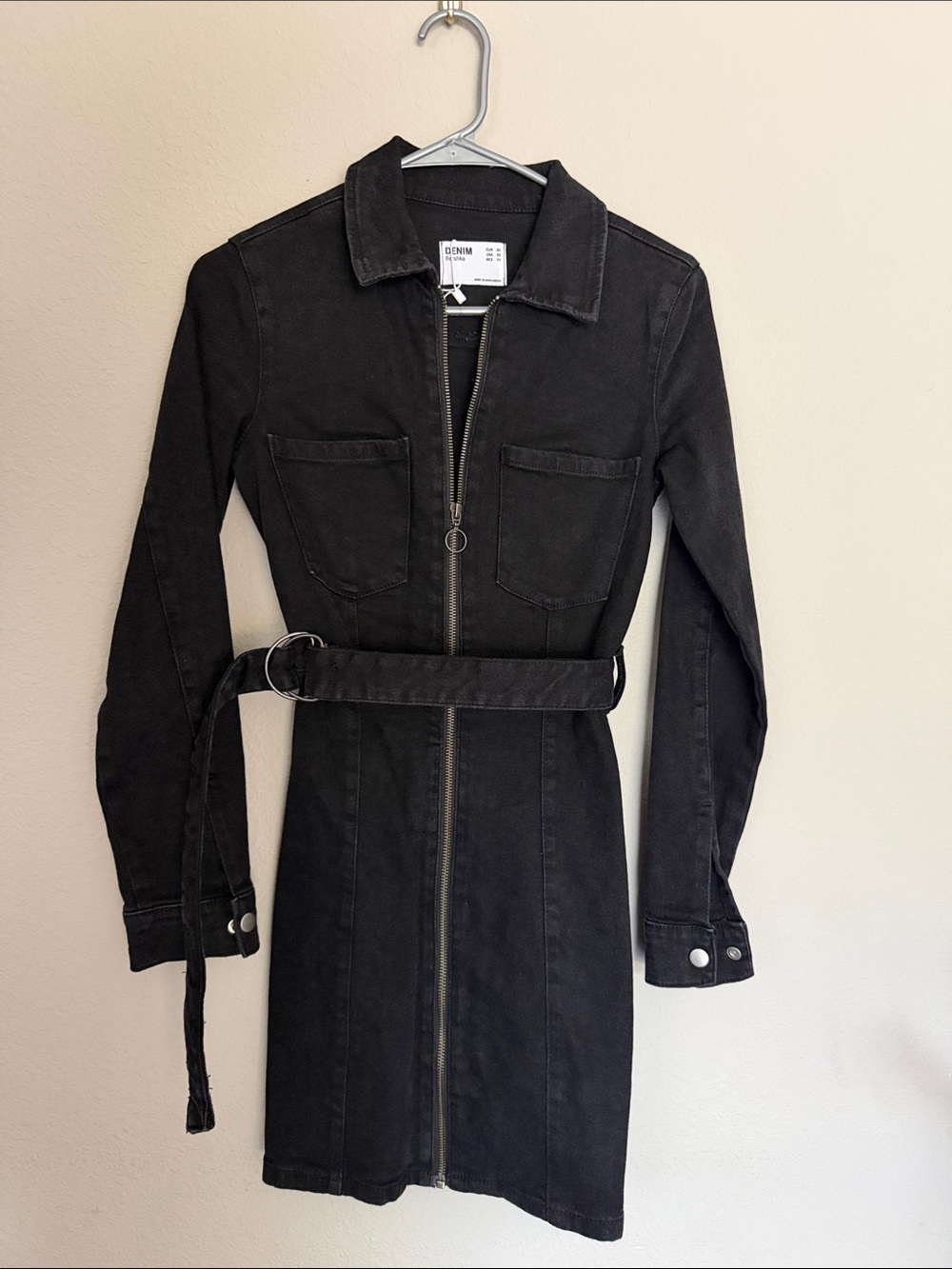 Black Zip-Front Denim Shirt Dress with Belt
